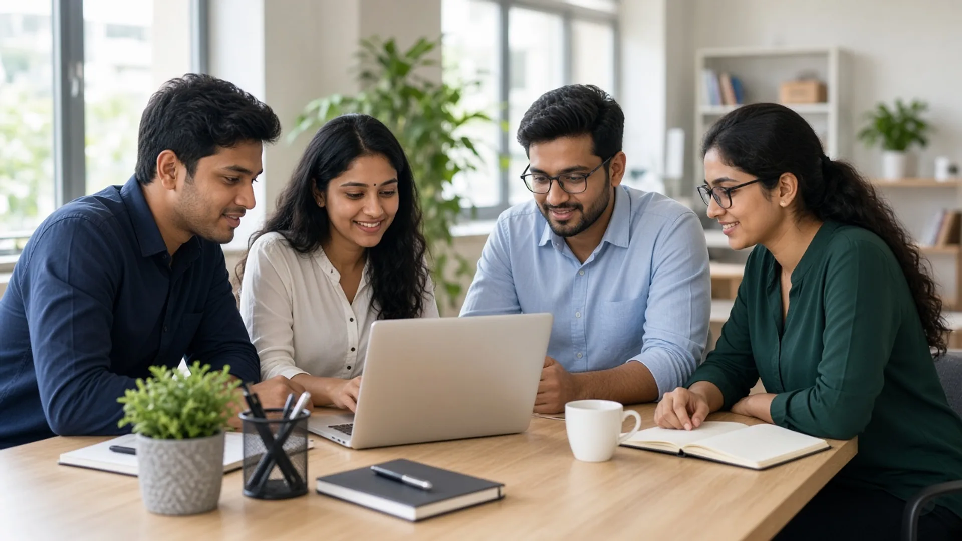 Team collaborating around a laptop in a modern studio