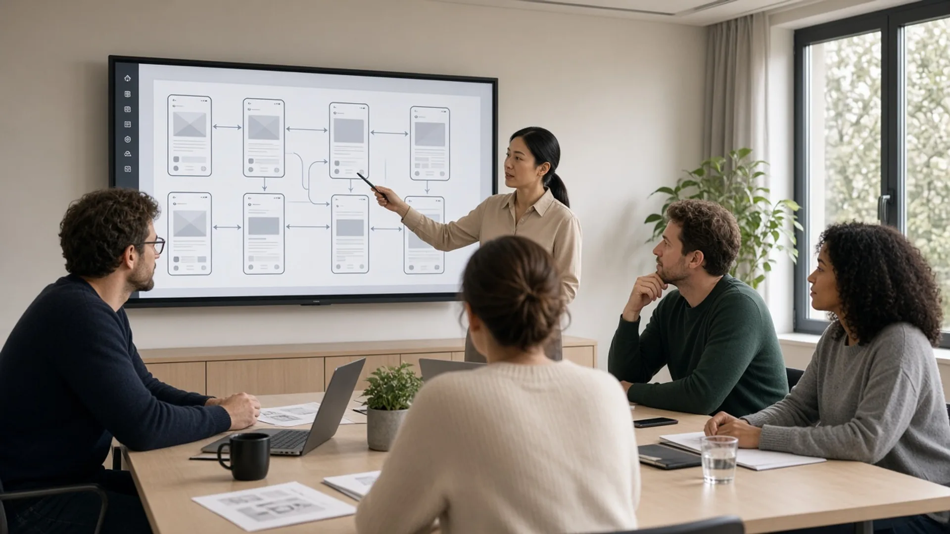 Designers and developers reviewing a product prototype