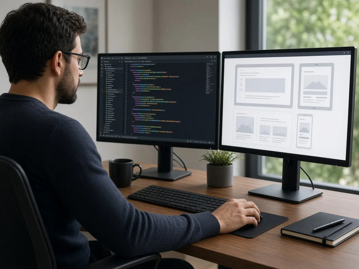 Engineer reviewing code and application previews